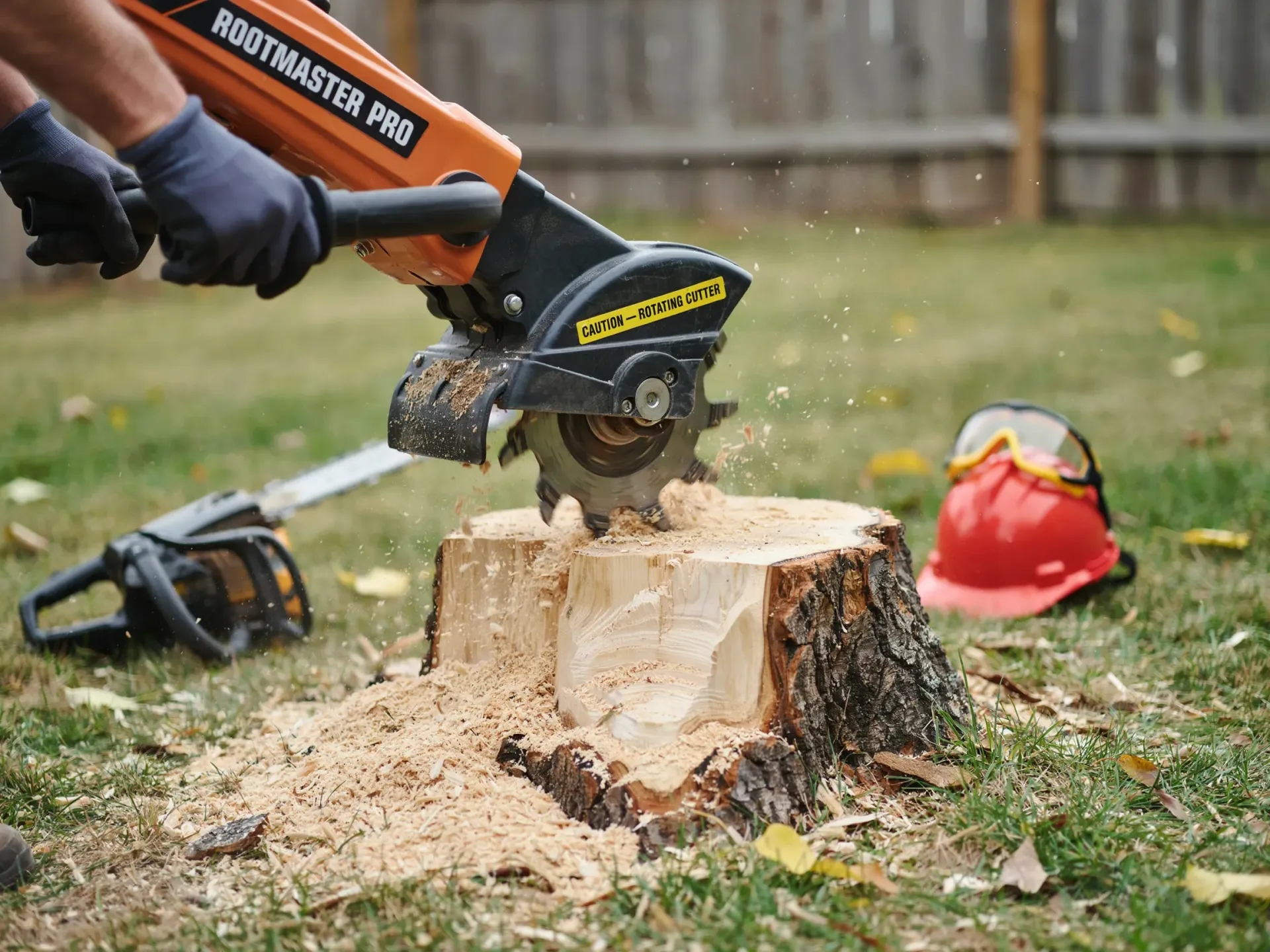Chainsaw cutting through a tree stump in a yard, with sawdust flying and safety gear nearby