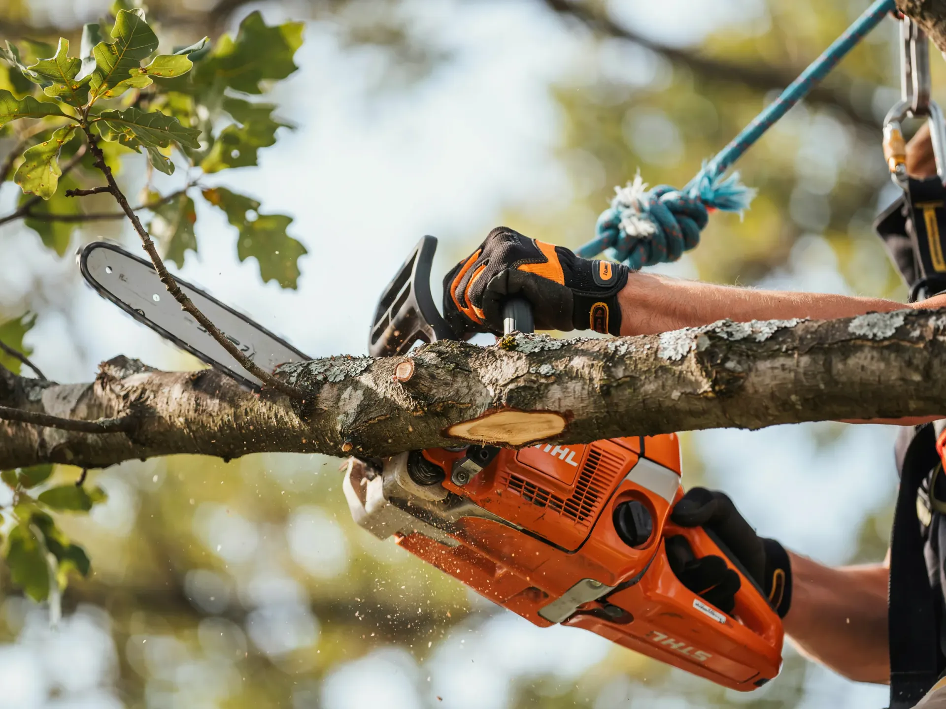 Person using an orange chainsaw to cut a tree branch outdoors