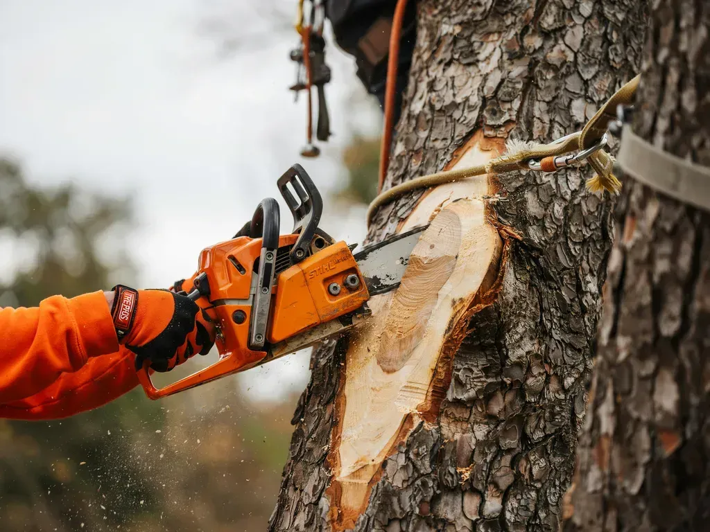 Person using an orange chainsaw to cut bark from a tree trunk outdoors
