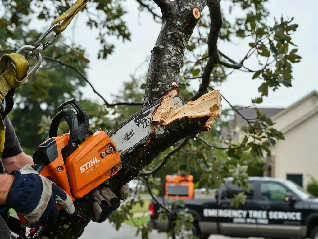 Chainsaw cutting a fallen tree branch near a house, with an emergency tree service truck in the background