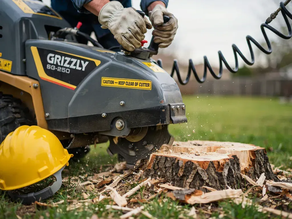 Worker using a Grizzly chainsaw to cut a tree stump, with wood chips flying and a yellow hard hat nearby