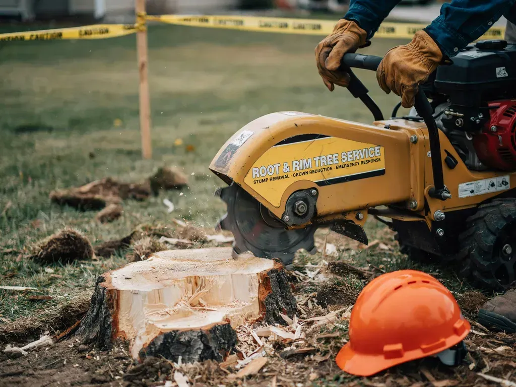 Worker using a yellow stump grinder to remove a tree stump, with orange hard hat nearby.