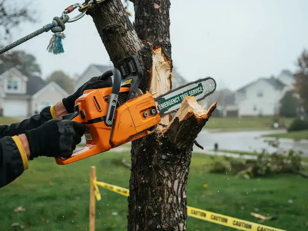 Chainsaw cutting a tree trunk near a taped-off suburban street