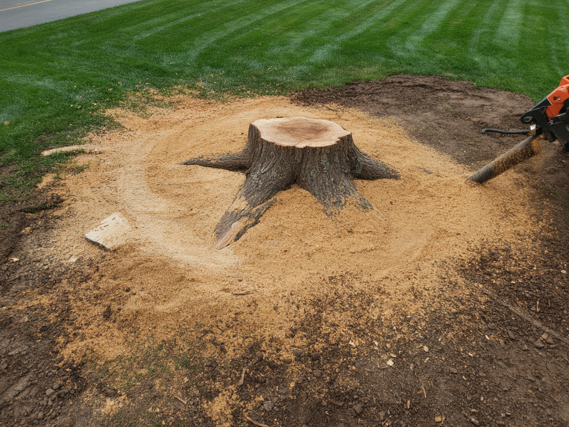 Tree stump surrounded by sawdust on a grassy lawn, with a chainsaw at the right edge.