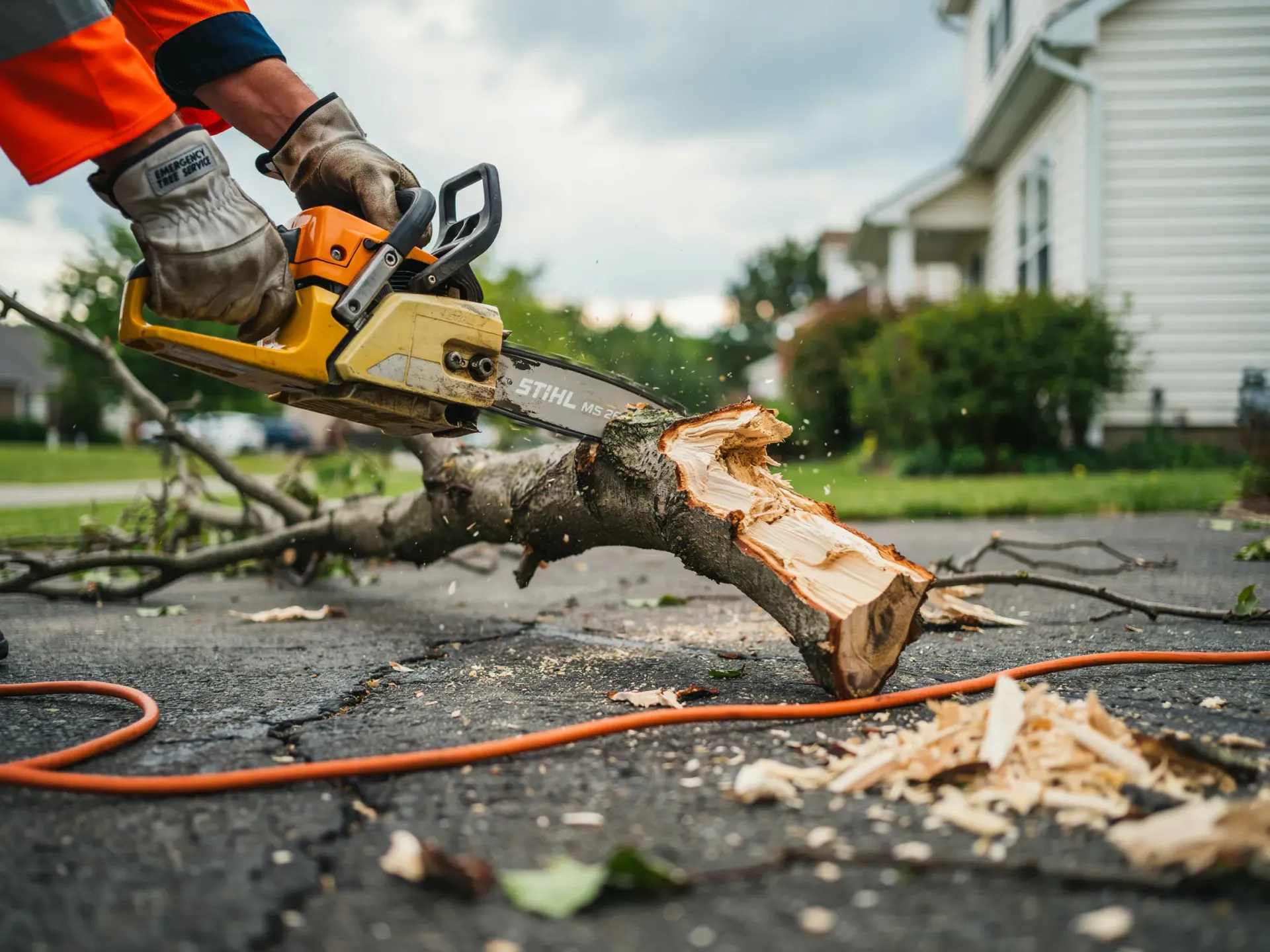 Worker cutting a fallen tree branch with a chainsaw on a suburban street