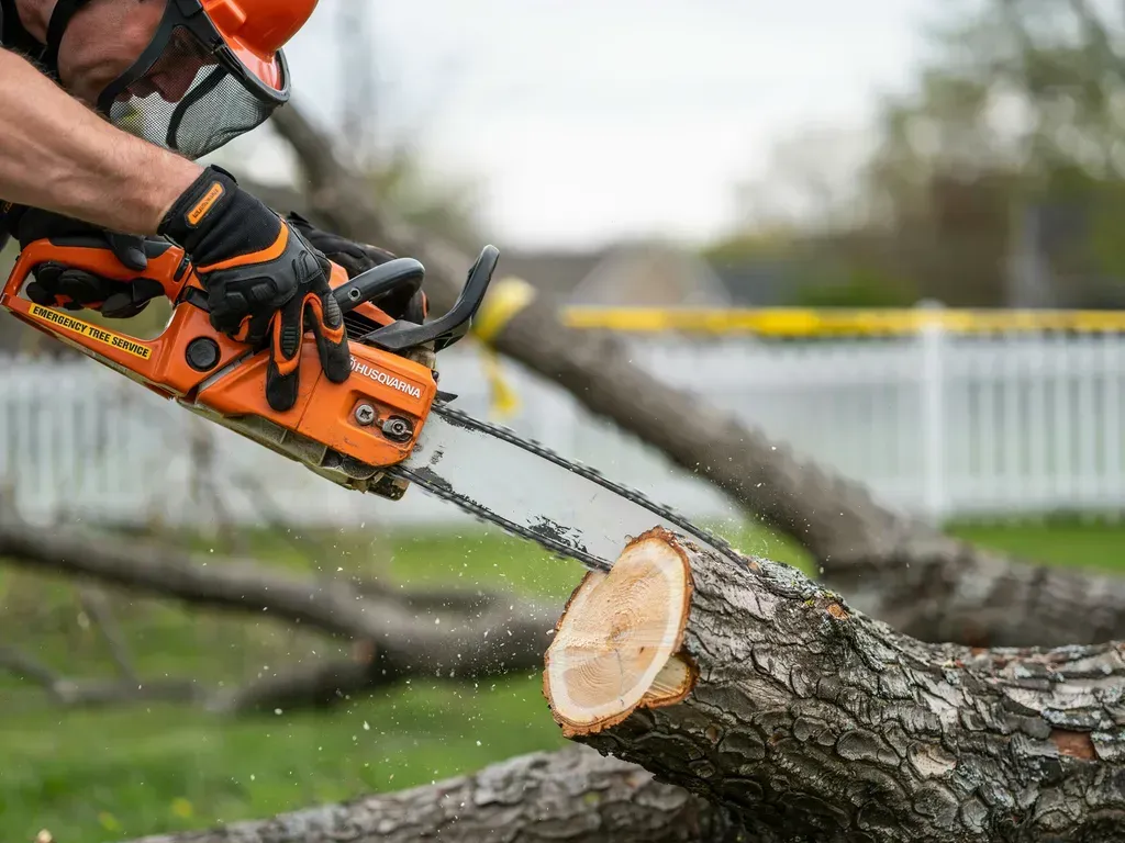 Chainsaw cutting a fallen tree trunk outdoors, with orange sawdust spraying.