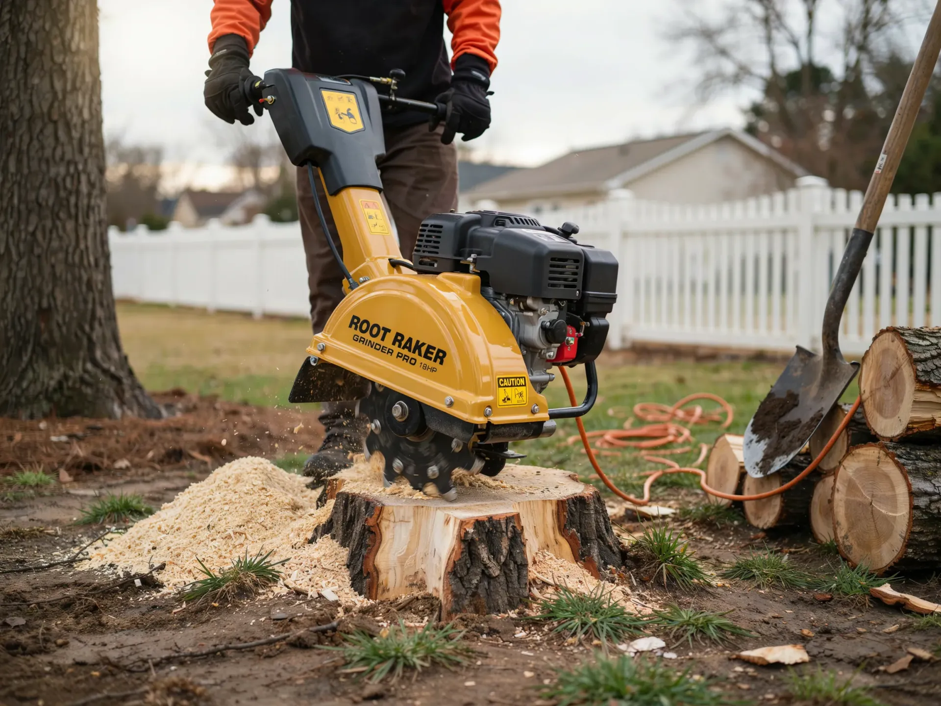 Worker operating a yellow stump grinder beside a tree stump in a yard, with wood chips flying