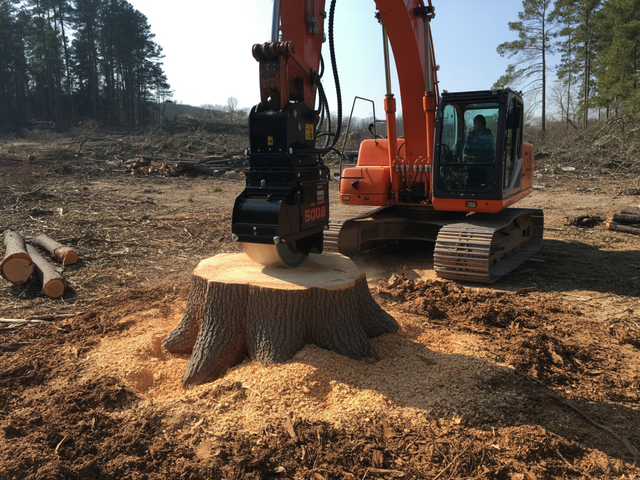 Orange excavator cutting a large tree stump in a logged forest clearing