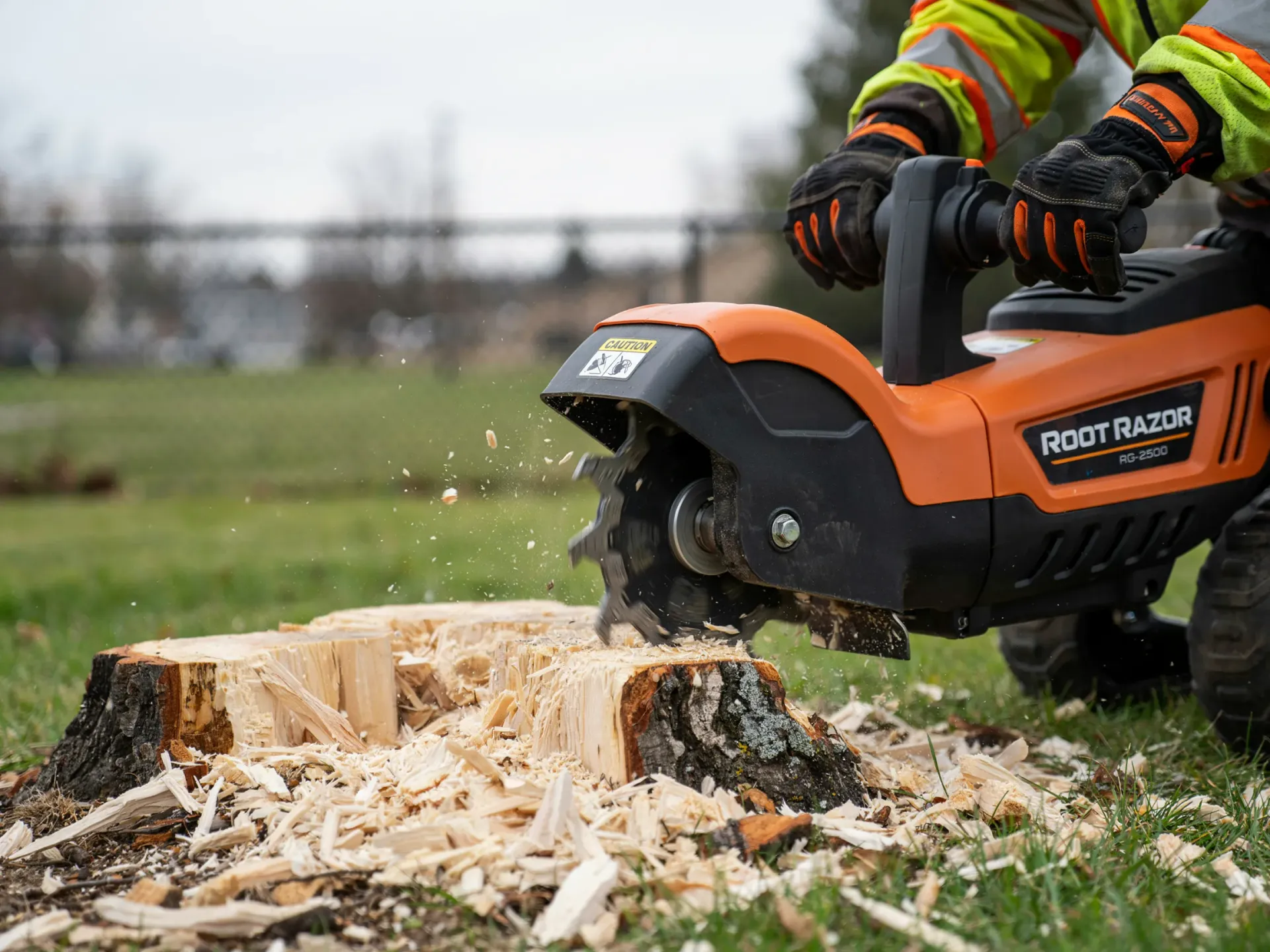 Worker using an orange chainsaw to cut a tree stump outdoors