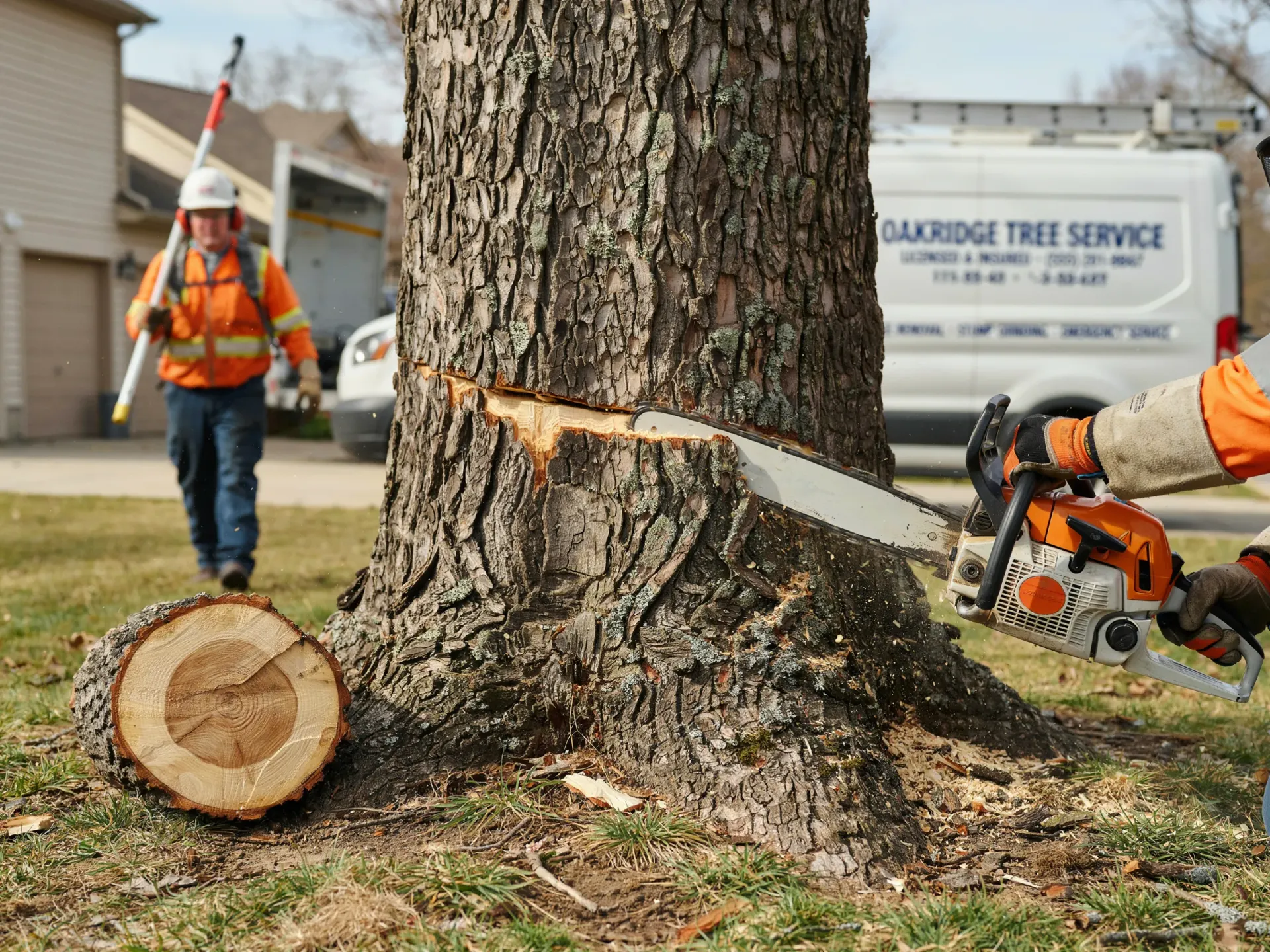 Arborist cutting a tree trunk with a chainsaw beside a detached log in a suburban yard