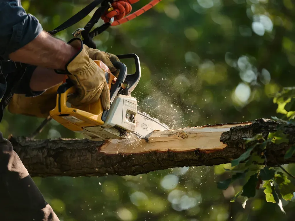 Person using a chainsaw to cut a tree branch outdoors, with wood chips flying