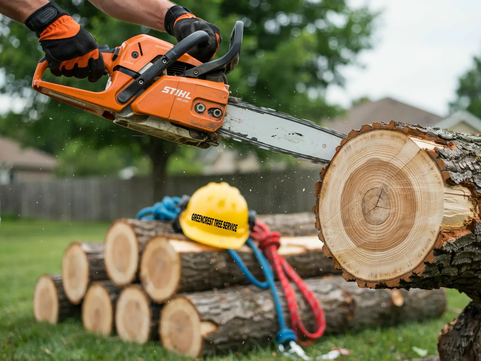 Orange chainsaw cutting a log, with stacked cut logs and a worker in a yellow helmet nearby