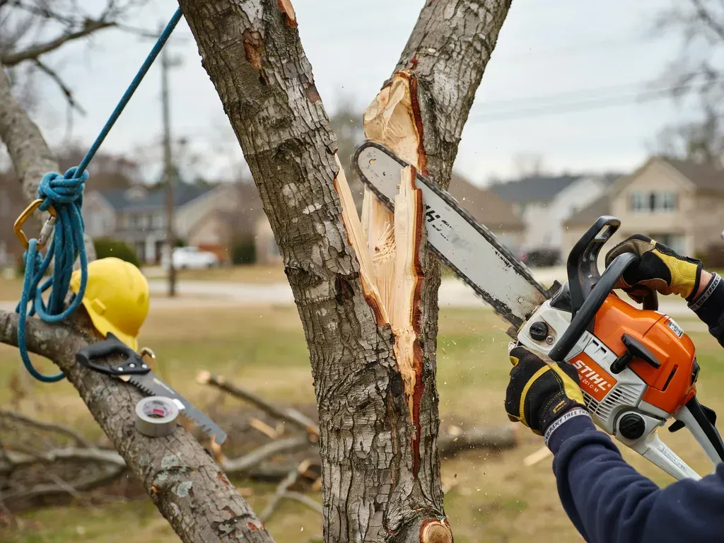 Worker using a chainsaw to cut a tree trunk while another person steadies the tree with ropes