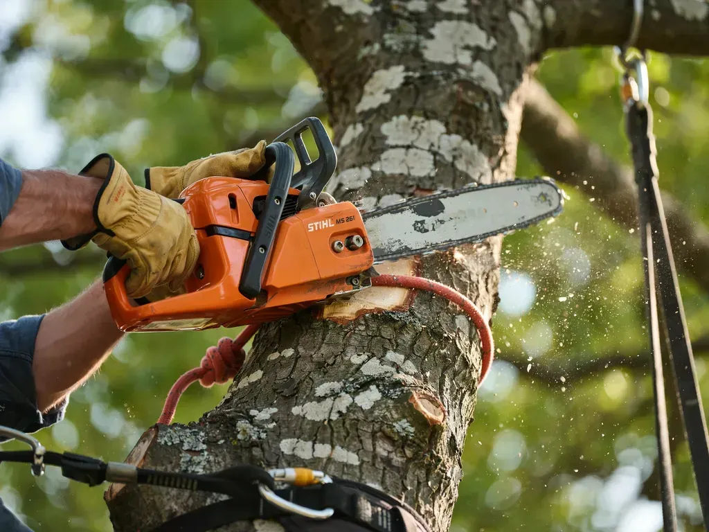Orange chainsaw cutting into a tree trunk outdoors