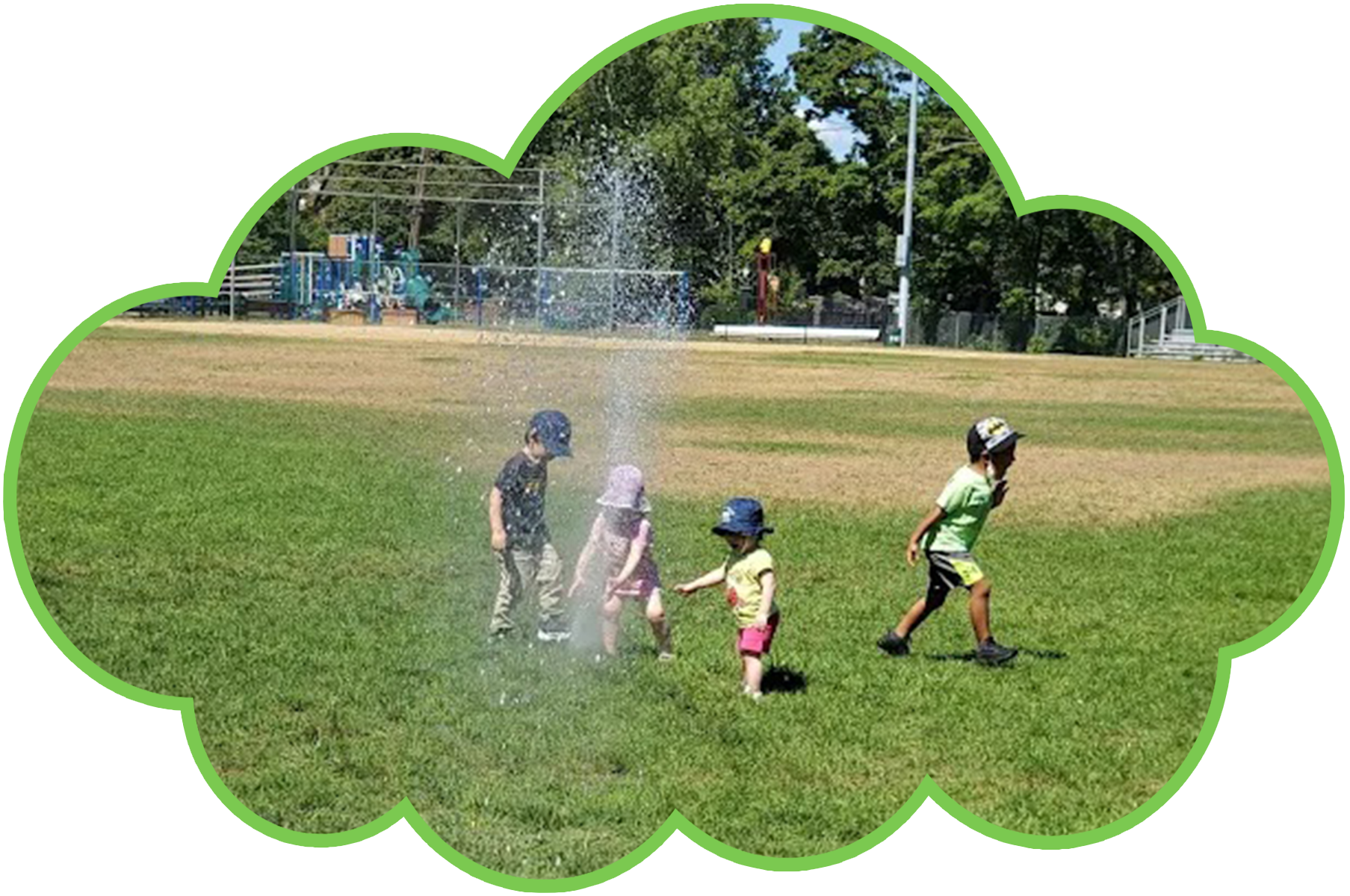 Children playing in a splash pad on a sunny day; green grass, blue sky.