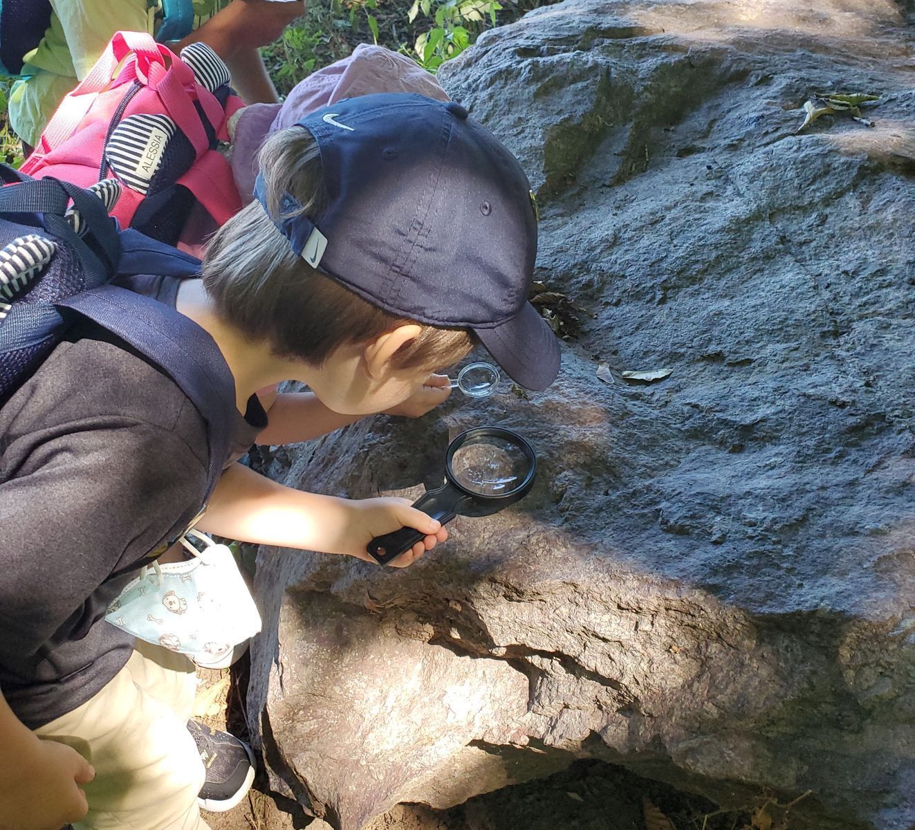 Boy examines object on a rock, using a magnifying glass. Outdoors, sunny setting.