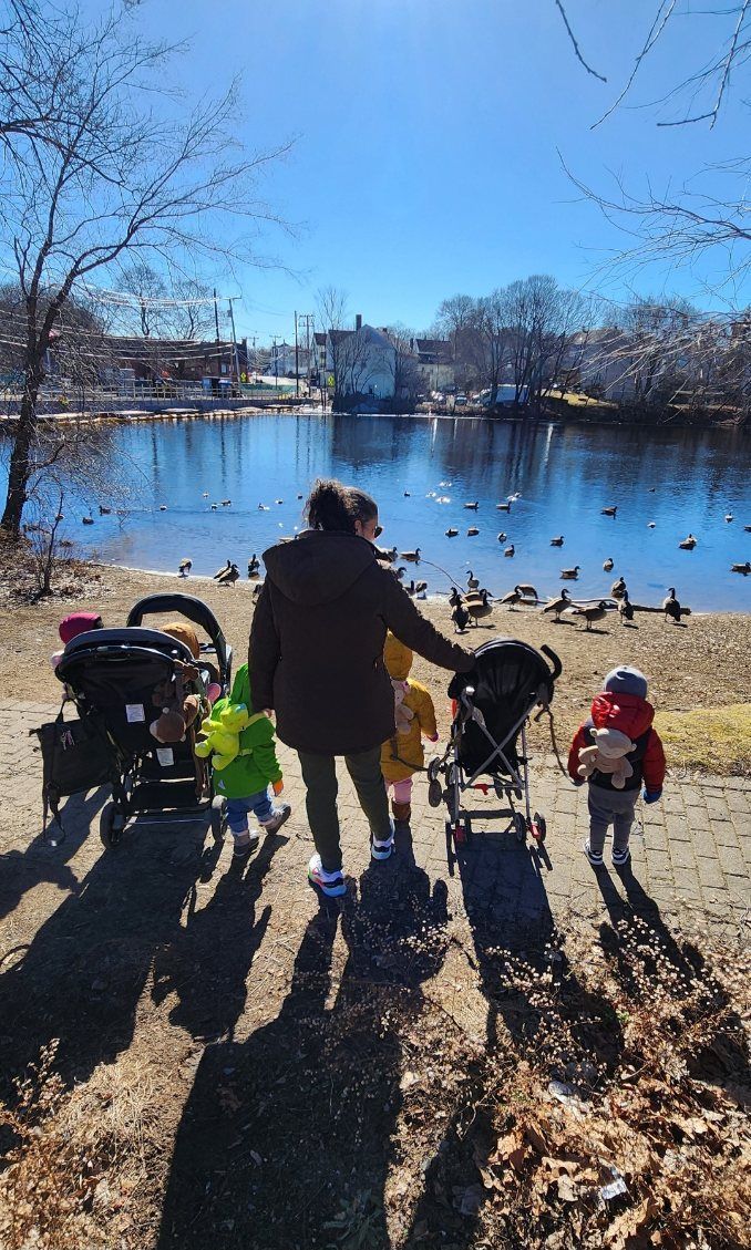 A person with children and strollers by a pond with ducks on a sunny day.