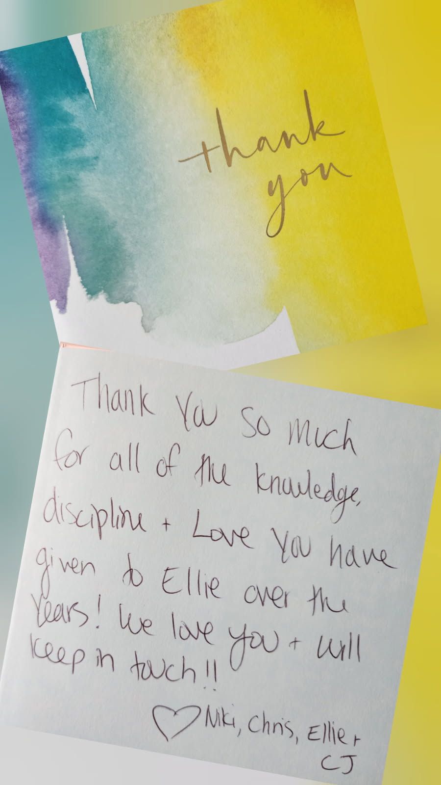 Handwritten thank you card with watercolor background.