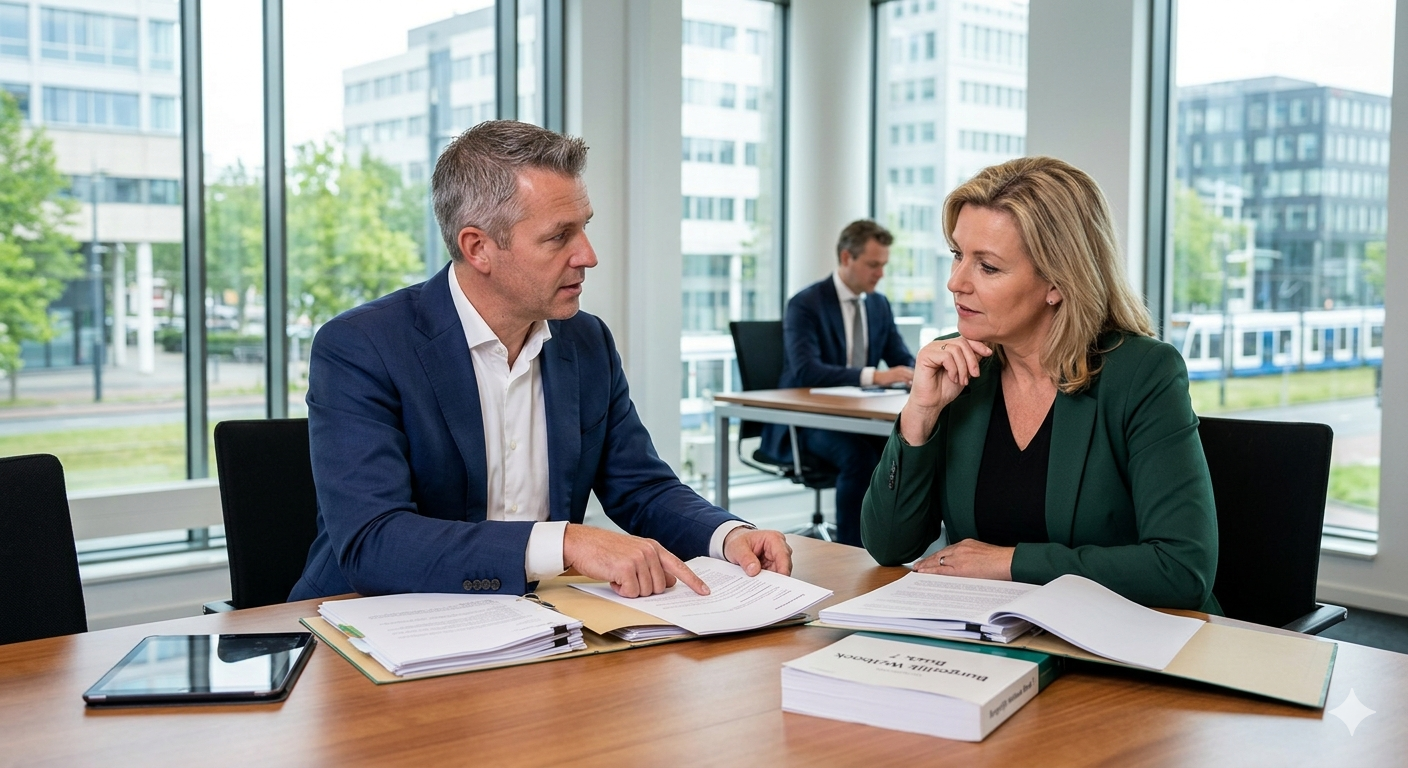 2 personen die over ontslaggronden aan het overleggen zijn op kantoor