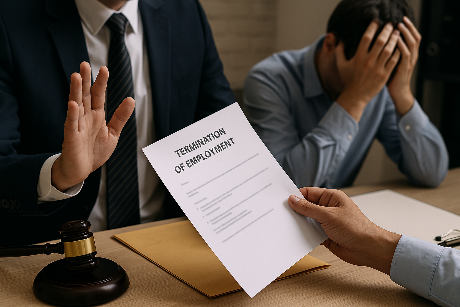 Werkgever overhandigt ontslagbrief op staande voet aan werknemer, benadrukt juridische gevolgen.