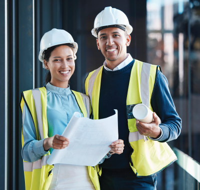 A woman in an apron is holding a tablet in front of a welcome open sign.