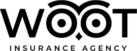 Black logo for WOOT Insurance Agency featuring a stylized owl face integrated into the double O's.