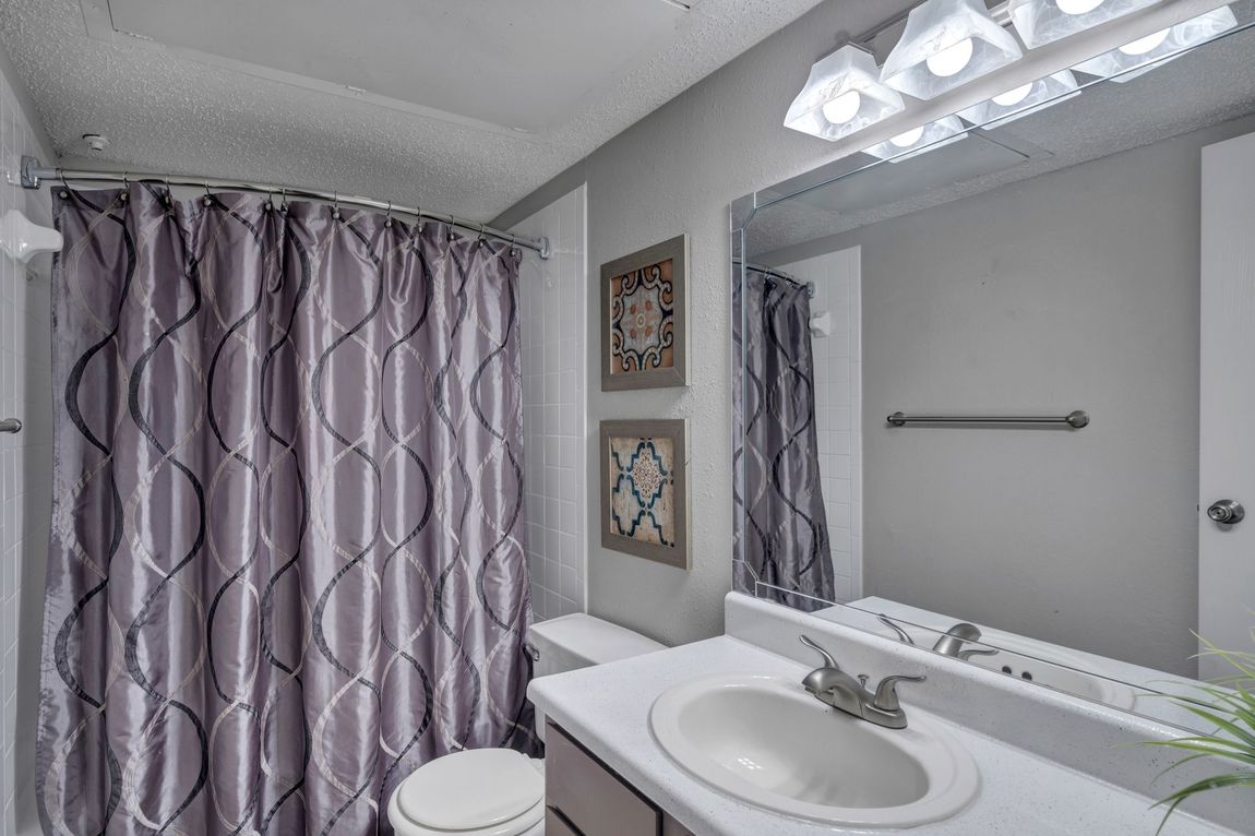 A bathroom with a sink , toilet , shower curtain and mirror.
