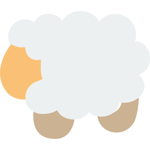 Mouton de dessin animé avec laine blanche, visage et pattes beiges.