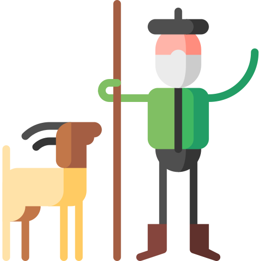 Berger avec une brebis, tenant un bâton, portant une veste verte et un béret.