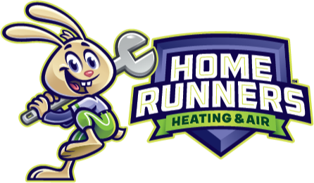 Cartoon rabbit holding a wrench next to a Home Runners Heating & Air logo on a blue shield.