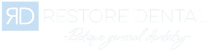 Restore Dental logo with light blue and gray text and a square RD icon