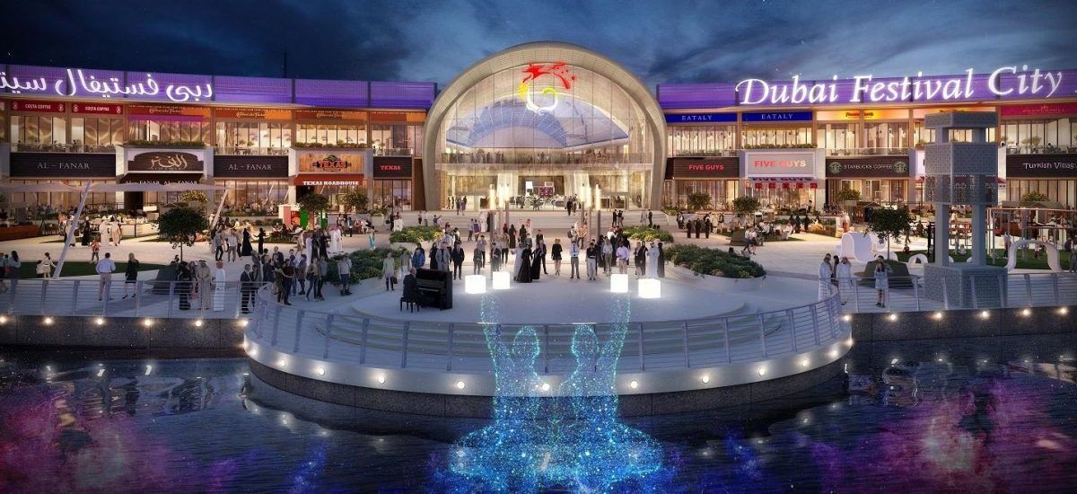 Dubai Festival City Mall luxury shopping, dining, entertainment, featuring stunning views, waterfront attractions, family