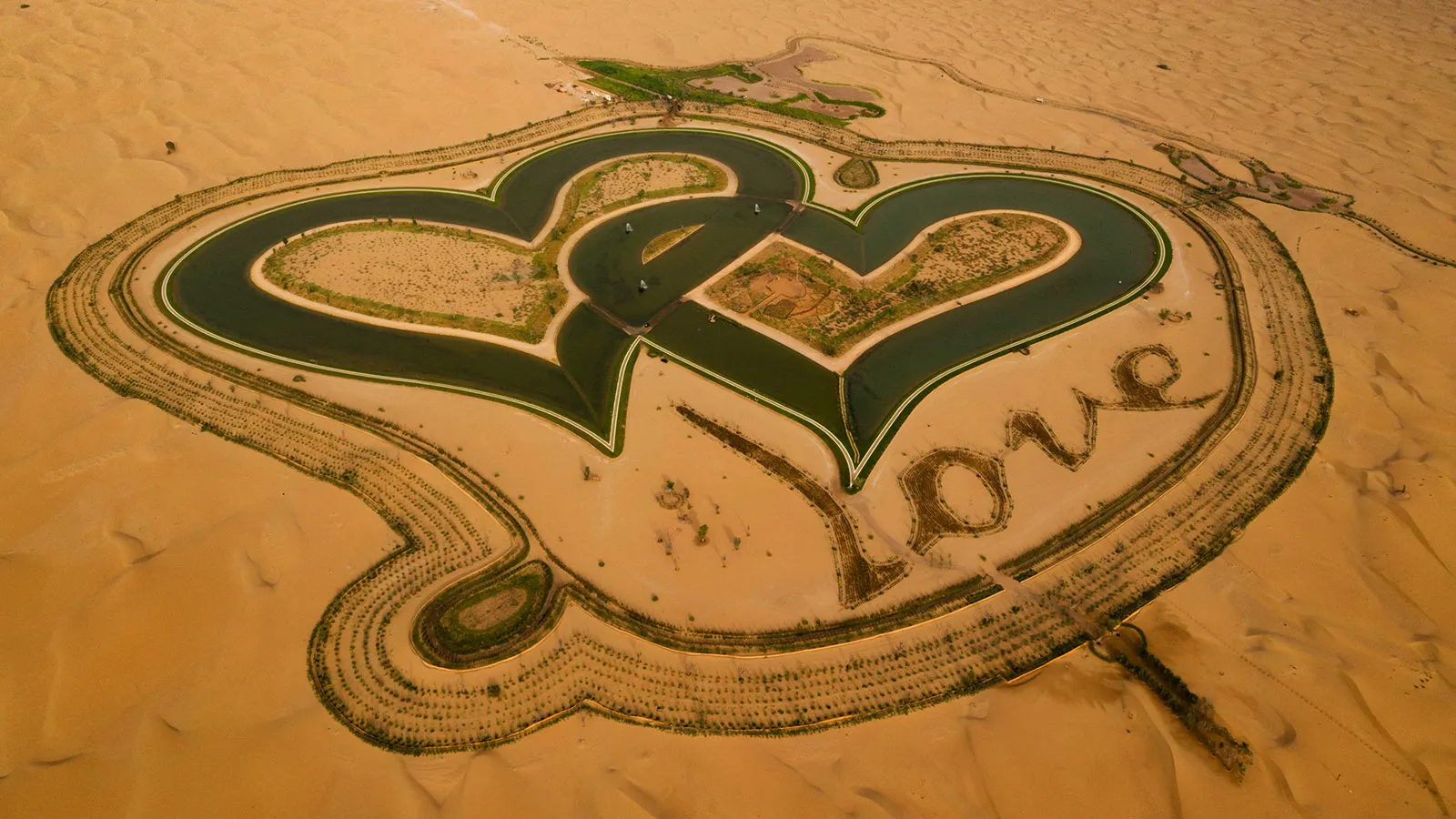 Love Lake is an artificial lake shaped like a heart. It is part of the Qudra Lakes in Saih Al Salam, Dubai.