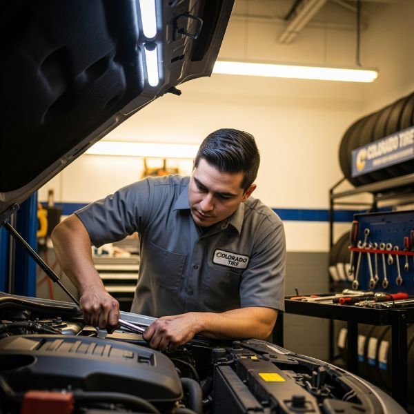 A skilled Pueblo mechanic from Colorado Tire working on a car's engine in a clean garage.