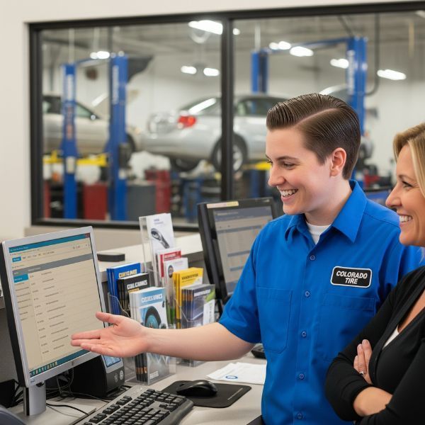 A friendly Colorado Tire staff member discussing auto repair options with a smiling customer at the service counter.