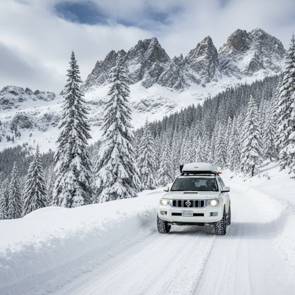 A vehicle carefully descending a snow-covered mountain road.