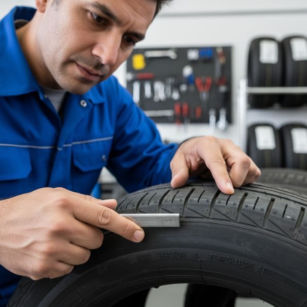 A serious male mechanic in a blue uniform uses a tire tread depth gauge to measure the tread on a car tire, with other tools visible on a wall in the blurred background.