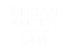 Hogan Smith Law logo in white text on a white background. The words are stacked, with 