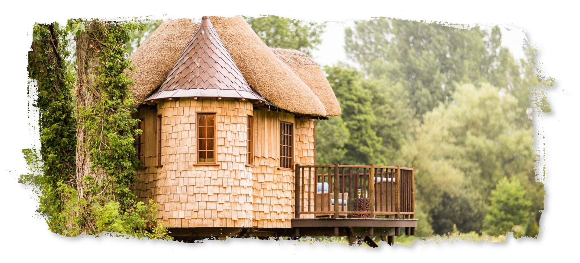 A small wooden house with a thatched roof is surrounded by trees.