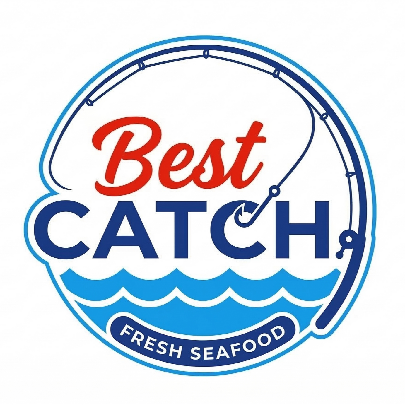 Logo for Best Catch Fresh Seafood featuring a blue fishing rod, red text, and blue waves.