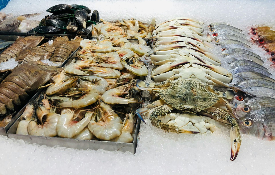 A variety of raw seafood including shrimp, crabs, mussels, and whole fish displayed on a bed of crushed ice.