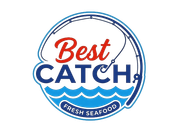 A circular logo for "Best Catch Fresh Seafood" featuring a fishing rod, blue waves, and red and blue text.