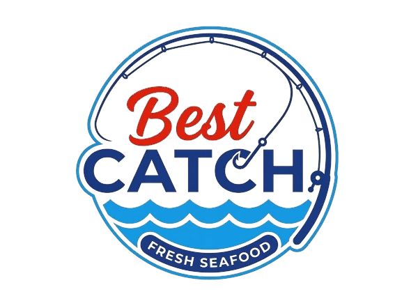 A circular logo for "Best Catch Fresh Seafood" featuring a fishing rod, blue waves, and red and blue text.