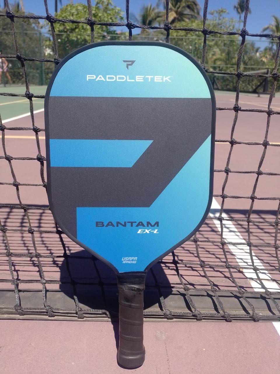 A paddletek pickleball paddle is sitting on a court  at the Playa Del Carmen Pickleball Club in Playa Del Carmen, Mexico