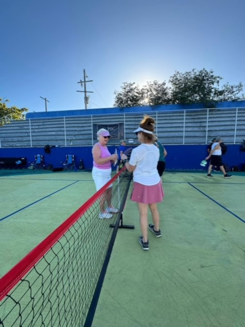 A woman in a pink skirt is talking to another woman on a pickleball court