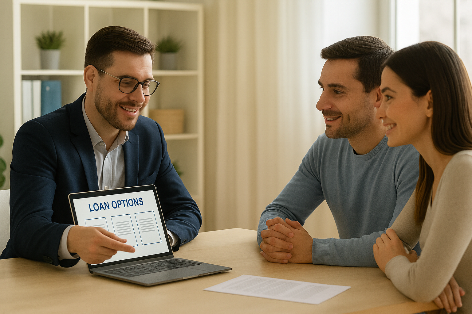 A broker explaining loan options on a laptop with clients looking interested.