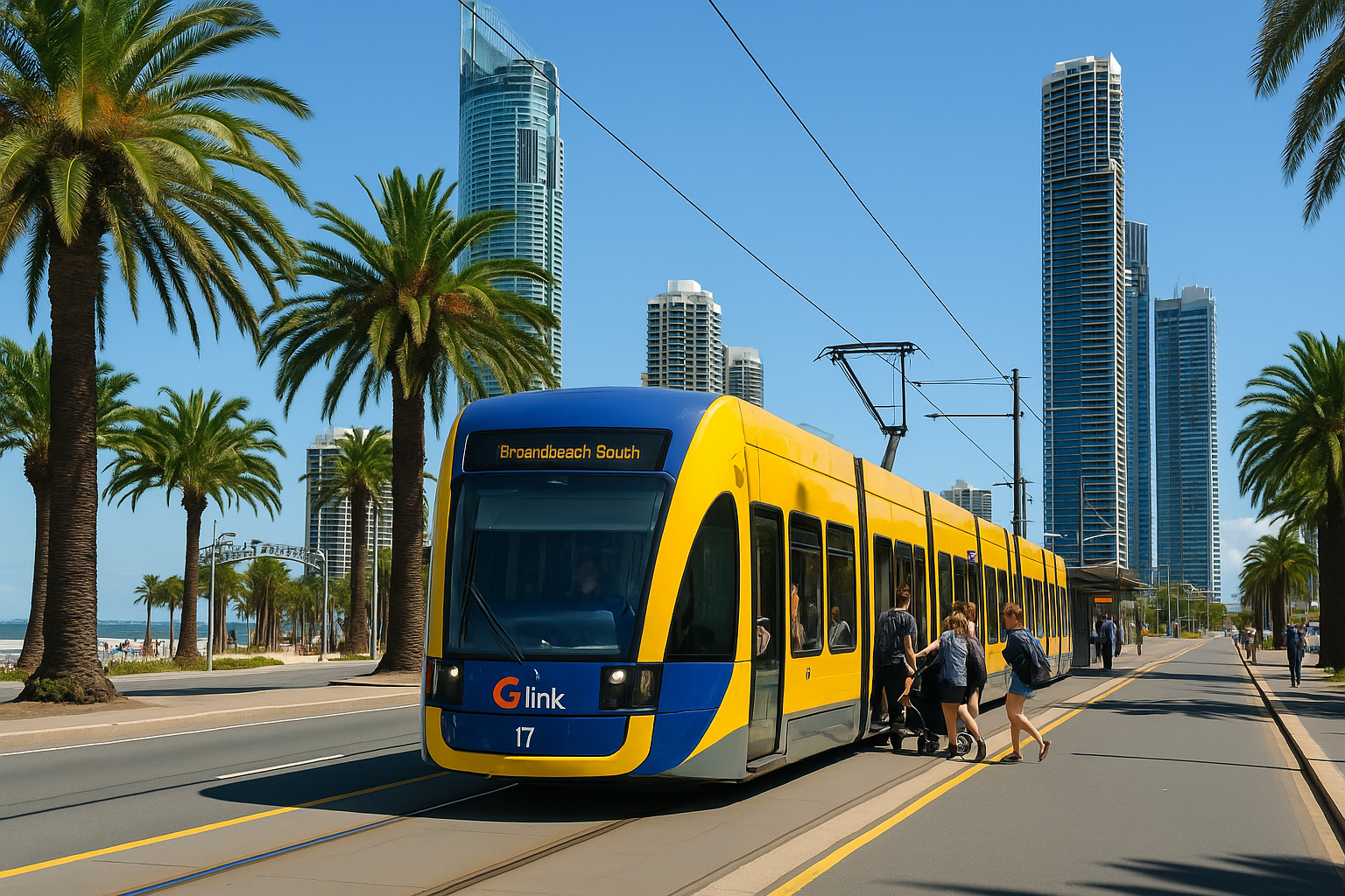 G:link tram in Surfers Paradise with palm trees, skyscrapers, and people boarding.