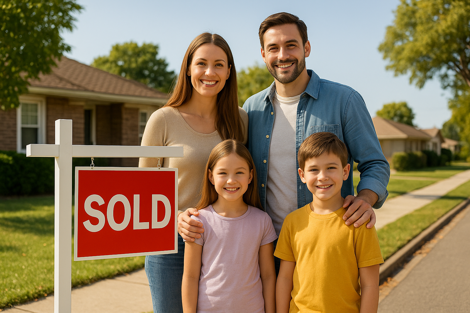 Couple excitedly finalising a property deal with their agent.