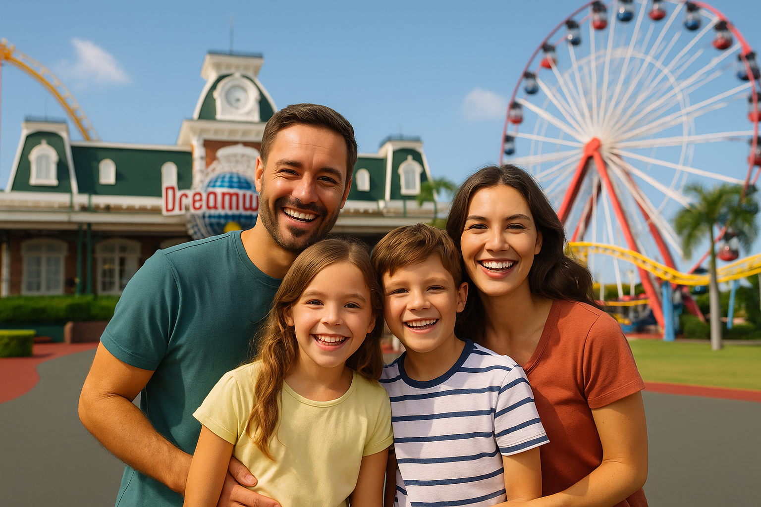 A smiling family of four poses in front of the Dreamworld theme park.