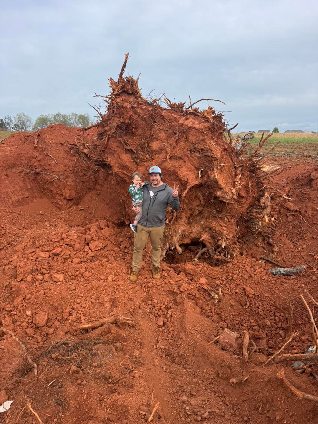 Man and child stand before a giant uprooted tree with red soil. Man gestures, smiling. Overcast sky.